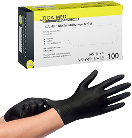 Nitrilhandschuhe puderfrei schwarz black Tiga 100 Stück Größe: Medium Einmalhandschuhe Nitril Einweg- Handschuhe ohne Latex