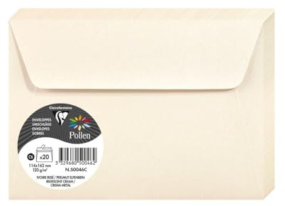 Clairefontaine Enveloppes C6 Ivoire Irisé 120g Auto-Adhésives Lot 20 – Format standard 11,4 x 16,2 cm, Papier Lisse, Invitation Mariage, Faire-Part, Cartes & Correspondance – Pollen – Réf. 50046C