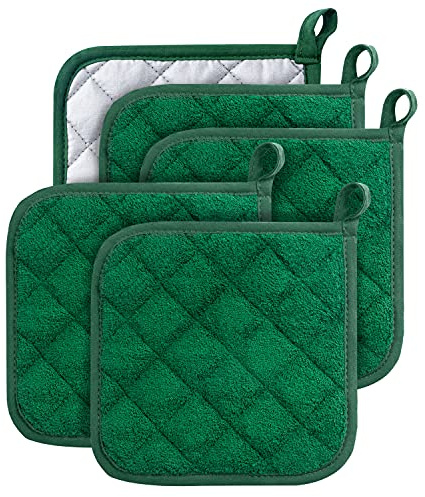 Lifaith Set di 5 presine da cucina completamente in cotone e in tessuto di spugna termoresistente, ideali per uso quotidiano in cucina e con fornelli e forno Verde Scuro