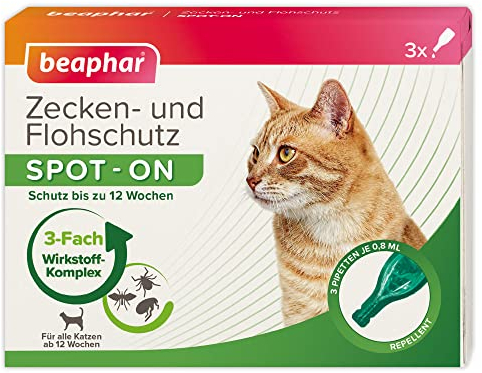 BEAPHAR - Zecken- Und Flohschutz Spot-ON Für Katzen - Für Katzen Ab 3 Monate Geeignet - Repellent Gegen Flöhe, Zecken Und Mücken - Sofortige Wirkung - Bis Zu 12 Wochen Schutz - 3 Pipetten Je 0,8 ml