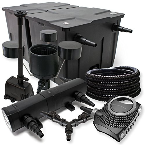 SunSun Komplettset: CBF-350B Teichfilter bis 60000 L, NEO10000 Teichpumpe 10000l/h 80W, CUV-224 Teichklärer 24W, 25m Schlauch 25mm, CSP-250 Skimmer 2500l/h, HJ-943 Springbrunnen 800l/h, Y-Verteiler