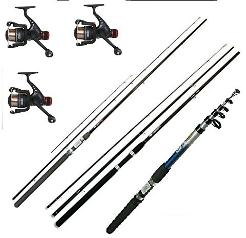 Feederrute mit 2 Spitzen + Matchrute + Teleskoprute Angelset inklusive 3 Rollen mit Schnur