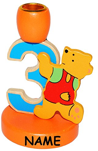 alles-meine.de GmbH Kerzenhalter - 3. Geburtstag - Teddy - incl. Name - aus Holz - Zahl 3 - für Kerzen - Kinder bunt - Kerzenständer zum Aufstellen - Geburtstagszahl - Geburt..