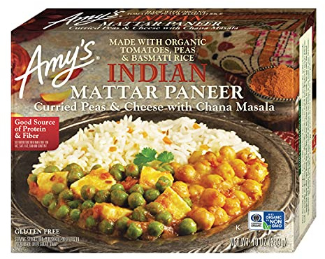Amy's Frozen Meals, Indian Mattar Paneer, Made with Basmati Rice, Cheese, Organic Tomatoes, Peas & Garbanzo Beans, Gluten Free, 10 oz.