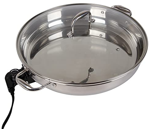 XL Electric 16 Skillet By CucinaPro- 18/10 Stainless Steel Frying Pan with Tempered Glass Lid and Handle, Round with Adjustable Temperature Control Probe, Portable, Includes Recipe Guide, Great Gift