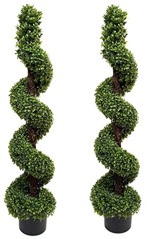 GreenBrokers Lot de 2 buis topiaires artificiels en Spirale de qualité supérieure dans Un Pot Noir pour décoration intérieure ou extérieure, résistant aux UV (120 cm)