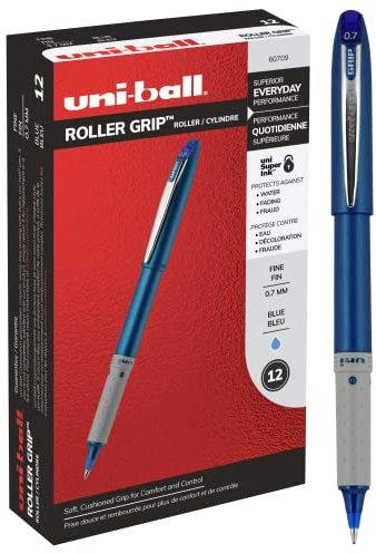 Uniball Roller Grip Pens, 12 Count - Extra Large Grip, Blue Rollerballs Pens - 0.7mm Medium Tip Size - Smooth Writing Japanese Pens, School Supplies