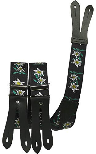 Harrys-Collection Hosenträger Knopfloch Edelweiss 35mm, schwarz, 120 cm | hochwertige echte Lederpatten, stufenlos verstellbar, traditionelles Accessoire für Trachten und Oktoberfest, komfortabel