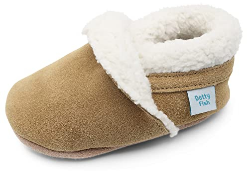 Dotty Fish Barfuß-Hausschuhe aus Wildleder für Babys und kinder – Fleecegefütterte Winterhausschuhe für Jungen und Mädchen. Rutschfeste Sohle, von Podologen empfohlen – Hellbraun 12-18 Monate