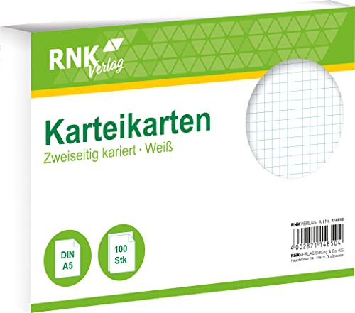 RNKVERLAG 114850 - Karteikarten kariert 5 mm, weiß, DIN A5 1 Packung à 100 Karten