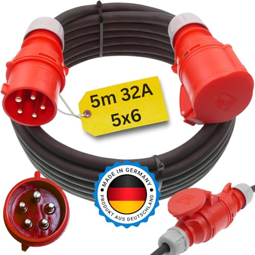 netbote24 Starkstromkabel 32A 5m mit Phasenwender H07RN-F 5x6 Starkstrom Verlängerungskabel CEE Verlängerung 16 Ampere Kabel 5x6mm2 Baustelle Werkstatt Industrie Geeignet Outdoor IP44