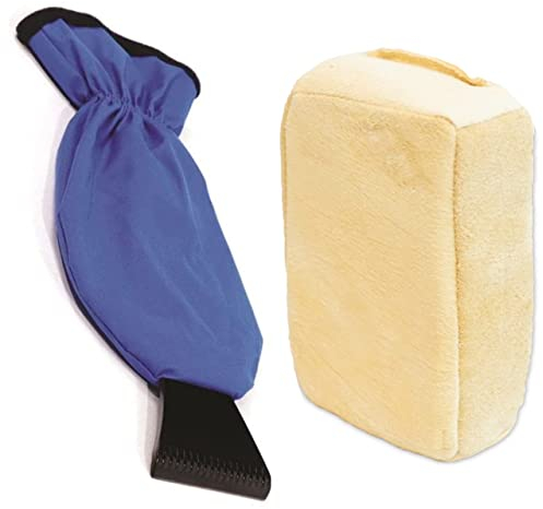 Car Ice Frost Scraper Mitt Frost Glove & Small Natural Chamois Leather Window Demister Pad