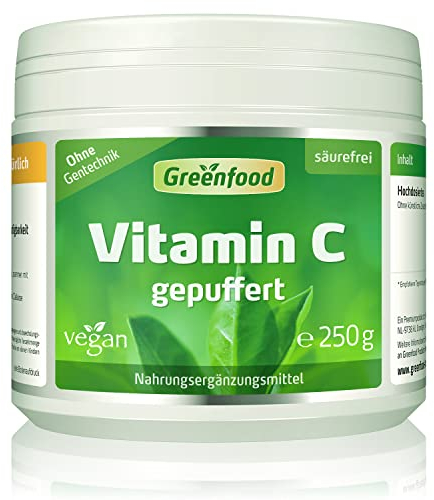 Vitamin C Pulver, gepuffert - 250 Gramm, vegan. Calciumascorbat. Magenfreundlich & säurefrei gepuffert mit Calcium - ohne Gentechnik. OHNE künstliche Zusätze - laborgeprüft. Von Greenfood.