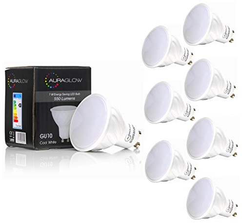 Auraglow GU10 LED Bulbs Cool White 5.3W Retrofit, 70W EQV, 8 Pack | 550 lumen daylight spotlights, 6500K, super bright for kitchen, office and work areas, energy saving