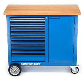 GEDORE Rollwerkbank, Werkzeugbank mit 9 Schubladen und Holzplatte, Werkbank auf Rollen, Stahlblech, leer, 1504 0810