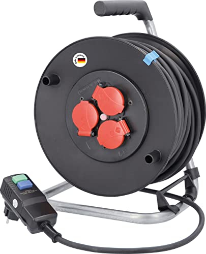 as - Schwabe Kabeltrommel 40 m H07RN-F 3G1,5, mit PRCD Personenschutzstecker,Auslösezeit unter 30 ms, 230V/16A, 3 Schutzkontaktsteckdosen mit Klappdeckel, Made in Germany, Schwarz, IP44, 10829