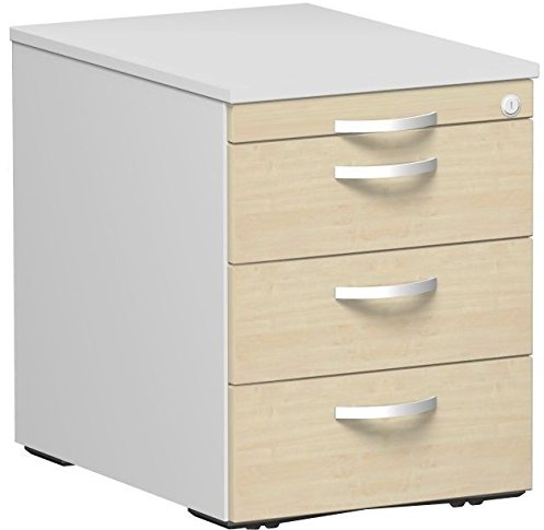 Geramöbel Rollcontainer mit 3 Metall-Schubfächern und Utensilienschubfach, Metall-Rollschubführung, Zentralverriegelung, verdeckte Doppel-Lenkrollen, 438x600x565, Ahorn/Lichtgrau