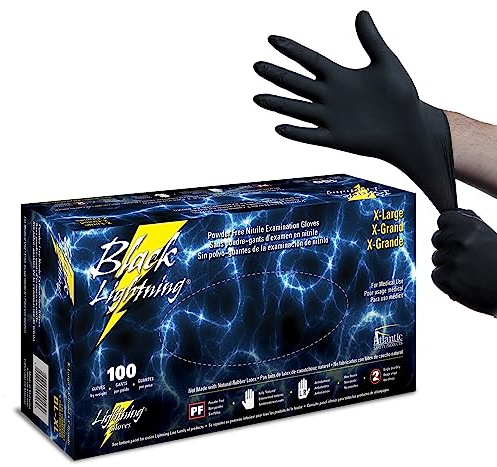 Black Lightning Nitrile Gloves 6 Mil, Disposable Powder-Free Exam & Work Gloves, Heavy Duty Chemical Resistant, Food Safe, Medical & Mechanic Gloves, Black, Extra Large, 100 Count
