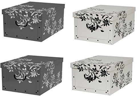 Kreher Set 4 Stück Deko Karton Barock Blumen. Stabile Kartons aus Pappe in Weiß und Grau mit Blumen Motiv. XL Volumen mit Kunststoff Griffen und Deckel. Preiswert und schön. Maße ca. 51 x 37 x 24 cm