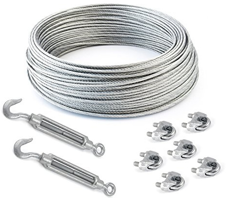 10m DRAHTSEIL SET PVC 2/3mm 6x7 + 6x SEILKLEMMEN 3mm DIN741 + 2x SPANNSCHLOSS M5 haken-öse Stahl verzinkt Stahlseil Forstseil Windenseil Drahtseilklemme Klemme Anschlagseil Seilspanner Spanner