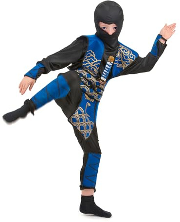 DEGUISE TOI - Déguisement ninja bleu et doré garçon - Pantalon - T-Shirt - Plastron - Protège-tibias - Manchettes - Cagoule - S 4-6 ans (110-120 cm) - Bleu - Déguisements enfants - - Lavage à la