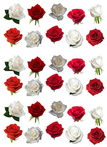 Lot de 30 magnifiques roses rouges et blanches en papier comestible pour décoration de gâteaux