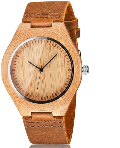 CUCOL Men's Bamboo Wooden Watch with Brown Cowhide Leather Strap Japanese Quartz Movement Casual Watches