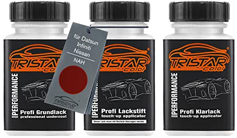 TRISTARcolor Autolack Lackstift Set für Datsun/Infiniti/Nissan NAH Force Red Metallic/Cayenne Red Metallic Grundlack Basislack Klarlack je 50ml