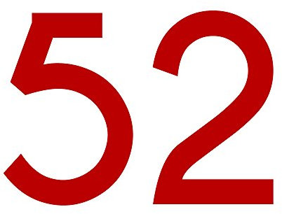 Zahl 52 in rot, 30 cm großer Sticker aus selbstklebender Klebefolie zum aufkleben, wetterfeste Klebezahl