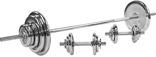 GORILLA SPORTS® Hantelset 100 kg mit Langhantel und 2 Kurzhanteln | 18 Chrom-Hantelscheiben, 30-mm-Aufnahme, 6 Sternverschlüsse, gerändelte Griffe, Langhantelstange 170 cm