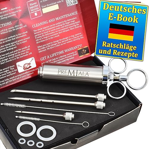 Premiala Único jeringa cocina de acero inox 304 en las partes que tocan la comida, +3 agujas, 5 juntas tóricas, eBook! Kit de 60 ml con jeringuilla cocina profesional inyector para carne inyector de salsas para marinar ternera, pollo y pavo!