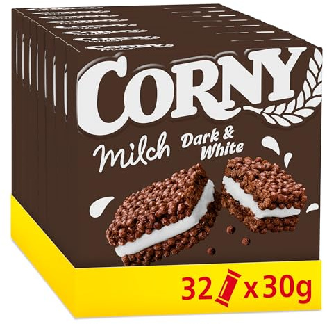 Müsliriegel Corny Milch Dark & White | Mit Kakao & Milchcreme | 32 x 30 g | Mit Calcium | Cremig-knusprige Textur | Für Büro, Freizeit & Pausen | Ideal für unterwegs & zwischendurch | Genussmoment