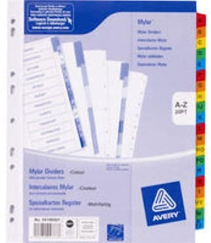Avery 05196501 Extrabreite Register mit Multilochung (A4, mit farbigen Mylar-Reitern A - Z, 20-teilig) weiß