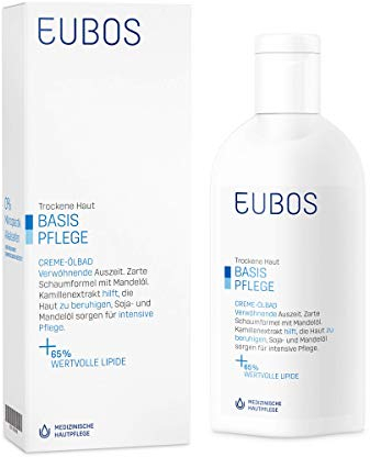 EUBOS BASIS PFLEGE | Creme-Ölbad | Für trockene Haut | Leicht schäumendes Bade-Öl für eine verwöhnende Reinigung | Hautverträglichkeit dermatologisch bestätigt | 200ml