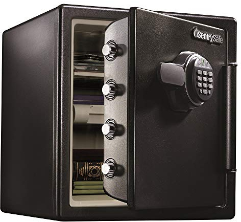 SentrySafe Fireproof and Waterproof Black Steel Home Safe with Digital Keypad Lock and Organization Trays for Money, Documents, 1.23 Cubic Feet, SFW123EU
