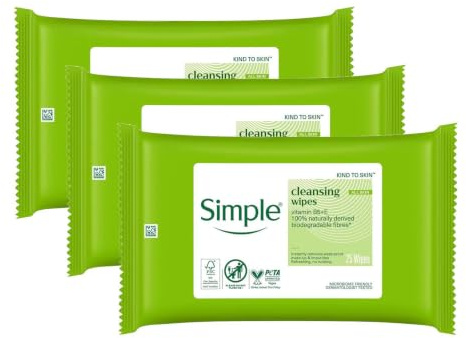 Simple Kind to Skin Micellar Remove Waterproof Make-up Cleansing Wipes for Sensitive Skin 25 Wipes Pack of 3