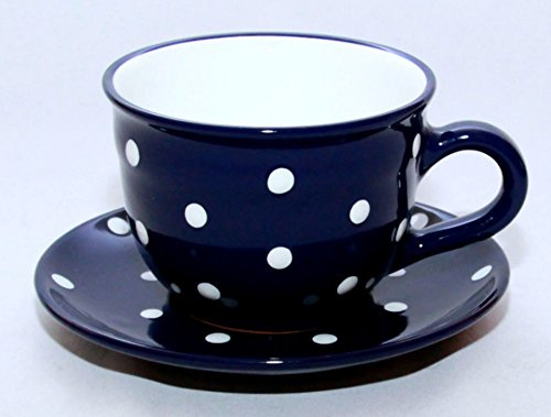 UNGARNIKAT Keramik Teetasse Kaffeebecher mit Untertasse 350ml – Blau mit weißen Punkten – Handgemacht & Spülmaschinengeeignet – Vintage Landhausstil – Tasse für Kaffee, Tee, Cappuccino