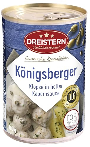 DREISTERN Königsberger Klopse 400g I 4 Klopse in heller Kapernsauce I Herzhaftes Fertiggericht in recyclebarer Konservendose I Lange Haltbarkeit dank natürlicher Konservierung I Hausmacher Qualität
