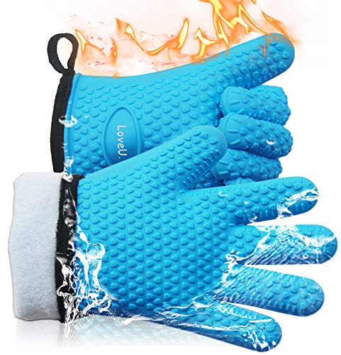 Loveuing Kitchen Oven Gloves - Dual-Layer Heat Resistant Grilling Gloves, Silicone Oven Mitts with 5 Fingers, Waterproof Non-Slip Pot Holder for Barbecue, Cooking, Baking (XL-XXXL, Blue)