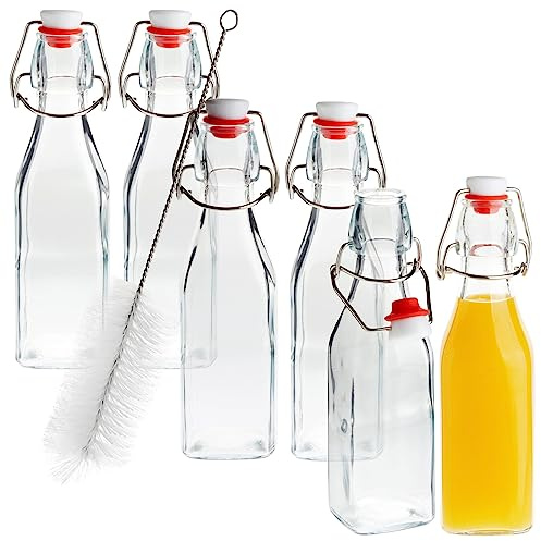 Juvale 6 Pack 250Ml Clear Swing Top Glass Bottles with Stoppers, Cleaning Brush - For Homemade Kombuchav, Hot Sauce Bottles for Vanilla Extract, Infused Oil, Syrup
