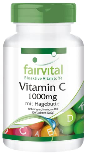 Fairvital | Vitamin C 1000mg - 500 Tabletten - hochdosiert und mit Hagebutten - VEGAN - magenfreundlich - GROSSPACKUNG