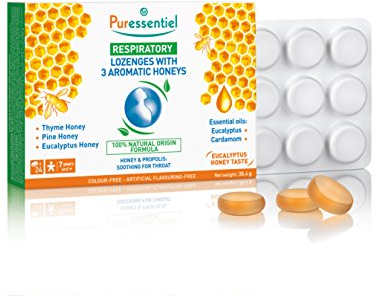 Puressentiel - Respiratoire - Pastilles 3 Miels Aromatiques - Thym, Pin et Eucalyptus Propolis - Adoucit la gorge en cas d'enrouement - Boîte de 24 pastilles