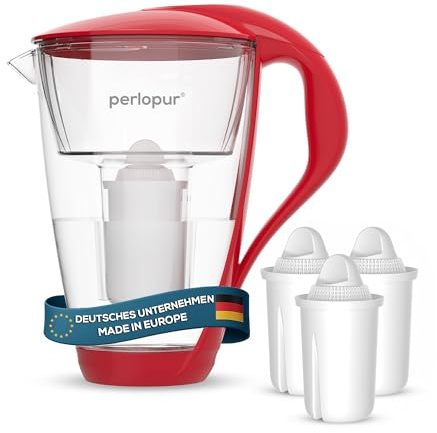 perlopur® Glas-Wasserfilter (rot) +3 Filterkartuschen Universal | Borosilikatglas, 2 l gesamt, 1 l gefiltert, LED-Anzeige, für classic Kartuschen, reduziert Kalk, Chlor & andere Schadstoffe