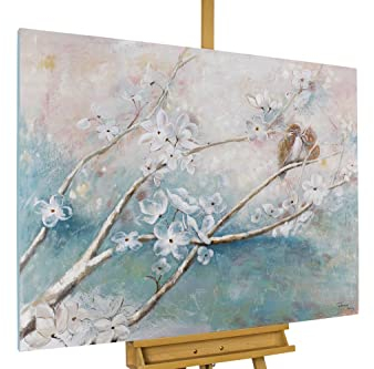 KunstLoft Leinwandbild | 100% HANDGEMALT | 120x90cm | Gemälde 'Liebe im Frühling' | Blüten | Blau | Wandbild Wohnzimmer