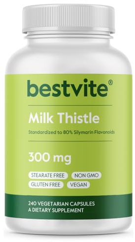 BESTVITE Milk Thistle 300mg (240 Vegetarian Capsules) - Standardized to 80% Silymarin Flavonoids - No Stearates - Vegan - Non GMO - Gluten Free