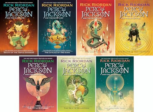 Percy Jackson and the Olympians Series, Set of 7 Books. Lightning Thief, Sea of Monsters, Titan's Curse, Battle of the Labyrinth, Last Olympian, The Chalice of the Gods, Wrath of the Triple Goddess