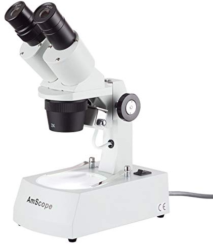 AmScope SE306R-AY Forward-Mounted Binocular Stereo Microscope, WF10x and WF15x Eyepieces, 20X/30X/40X/60X Magnification, 2X and 4X Objectives, Upper and Lower Halogen Lighting, Reversible Black/White Stage Plate, Arm Stand, 120V