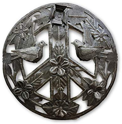 It's Cactus Peace Sign Metal Wall Art Handmade Haitian Plaque 11 Inch Round Living Flowers & Birds Design, Rustic Handmade Wall Hanging Gift