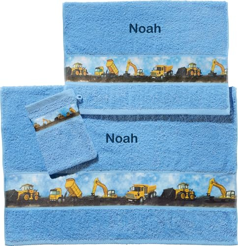 Erwin Müller Kinder-Handtuchset, Kinder-Frottierset 3-TLG. mit Namen Bestickt, Baustelle blau Größe - weich, saugstark - Handtuch, Badetuch, Waschhandschuh