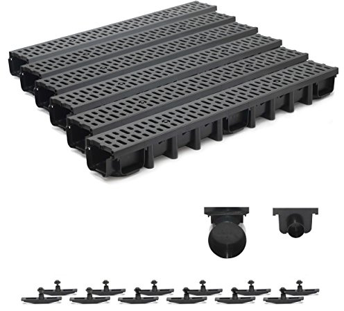 6m Entwässerungsrinne für modulares System A15 98mm, komplett Stegrost Kunststoff, Schwarz Classic